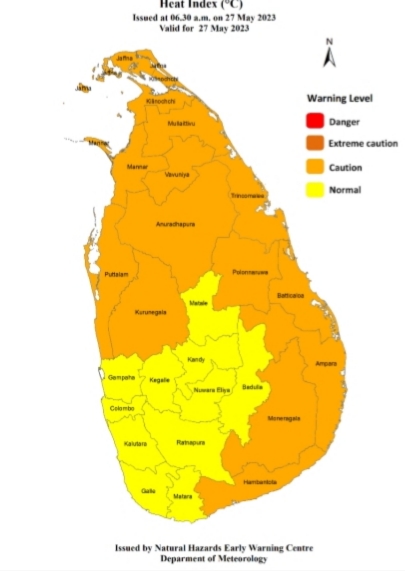 Heat index at caution level in Northern, North-Central, North-western and Eastern provinces and Monaragala and Hambanthota districts. – The Island